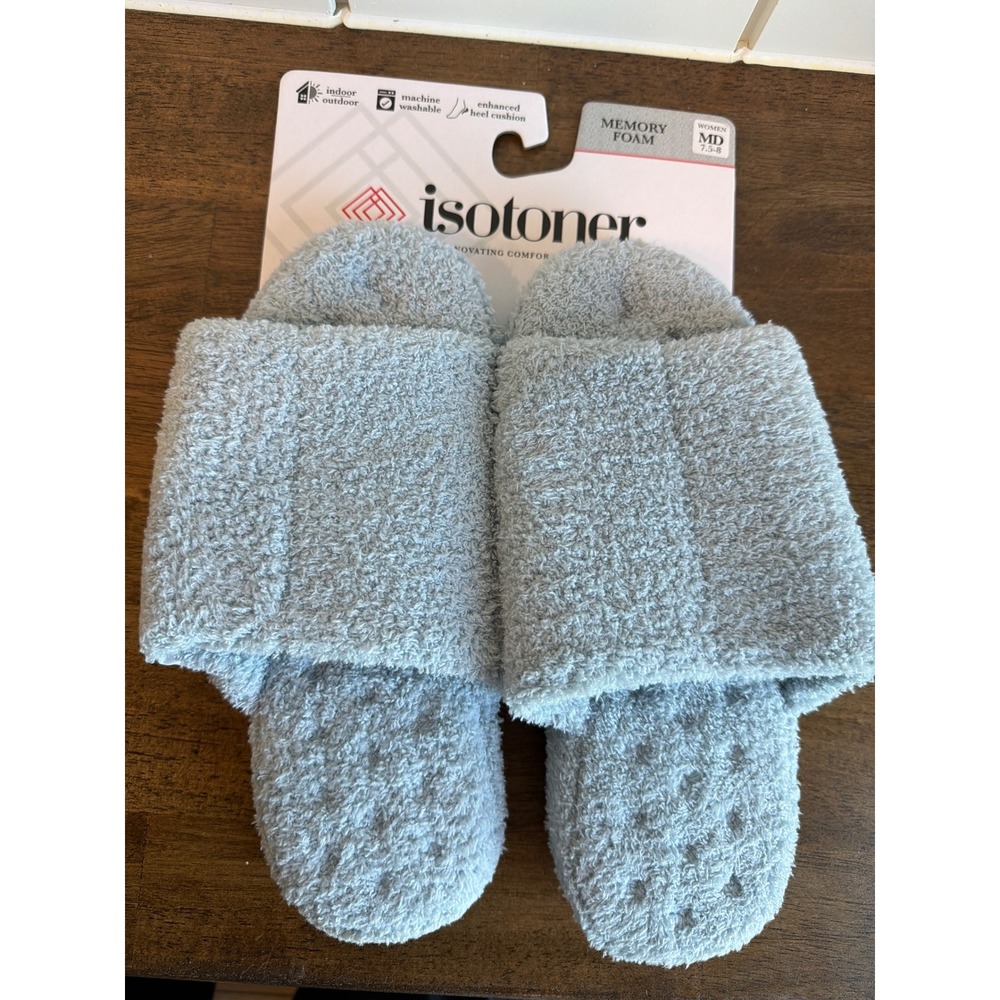 Isotoner Women Memory Foam Slide Slippers Blue Fog Terry Indoor Outdoor MD 7.5-8
